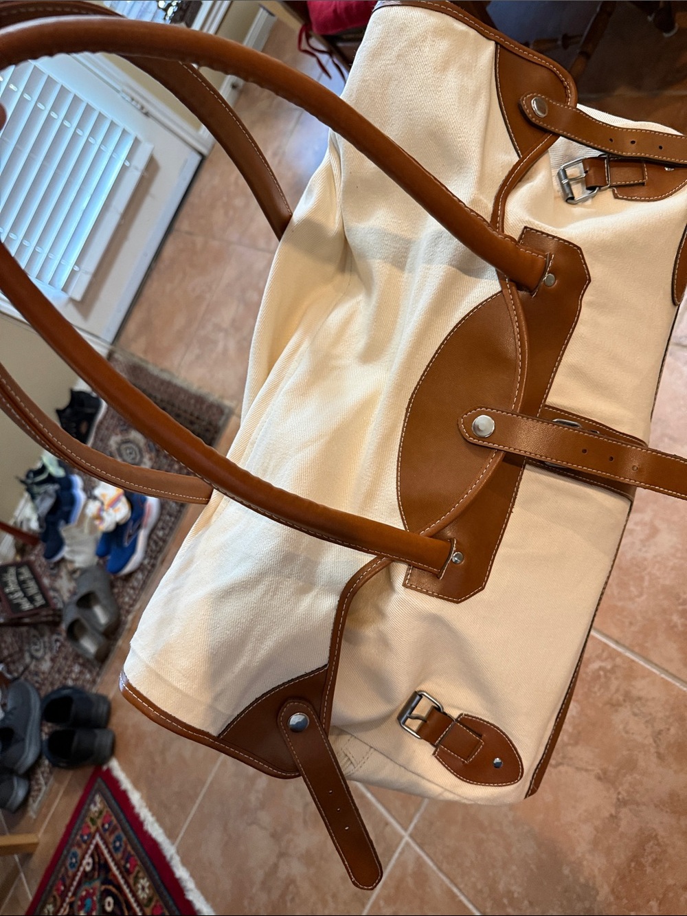 Canvas and Brown Leather Trim Weekender Bag - Picture 3 of 9